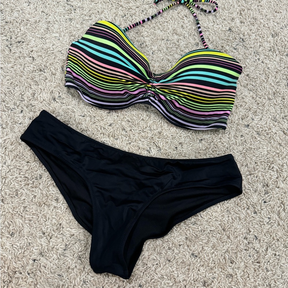 Victoria's Secret Colorful Striped Bikini with Black Bottoms